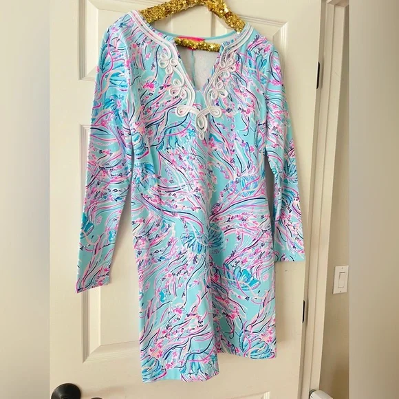Lilly Pulitzer Harper Shift Dress Long Sleeve Bayside Blue Stretch Medium - Picture 3 of 10